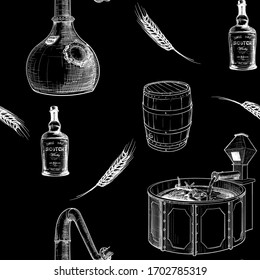 Whiskey making process from grain to bottle. Pieces of equipment. Seamless pattern. White line sketch isolated on black background. EPS10 vector illustration.