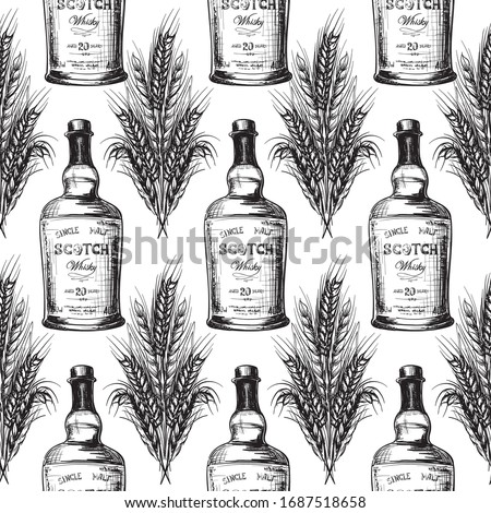 Whiskey making process from grain to bottle. Scotch whiskey bottle with some barley ears and grains. Seamless pattern. Sketch style drawing isolated on white background EPS10 vector illustration.