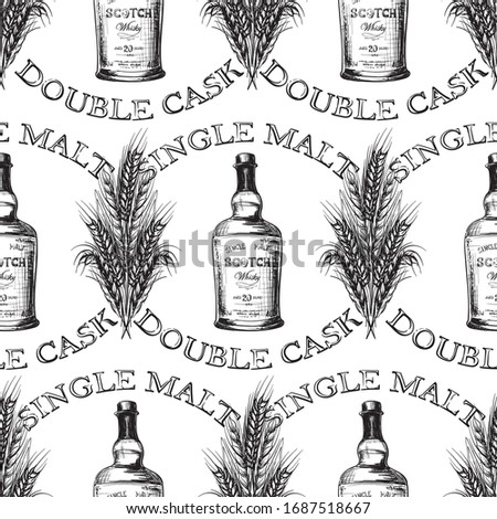 Whiskey making process from grain to bottle. Scotch whiskey bottle with some barley ears and grains. Seamless pattern. Sketch style drawing isolated on white background. EPS10 vector illustration