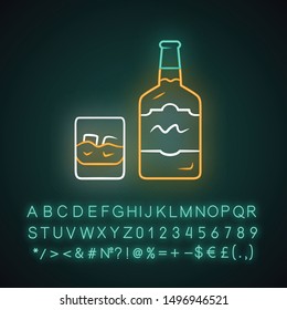 Whiskey neon light icon. Bottle and old fashioned glass with drink and ice. Scotch, rum shot. Brandy, bourbon. Glowing sign with alphabet, numbers and symbols. Vector isolated illustration
