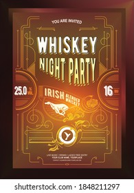 Whiskey night party flyer, banner or template design with gatsby frame on brown background. Vintage concept background, template, retro elements, logo, labels, layout, badge, old banner, card