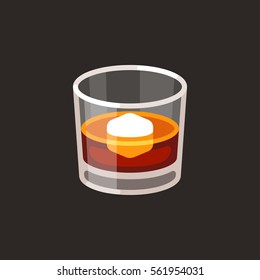 Whiskey On The Rocks Icon. Scotch Brandy Glass With Ice Cube, Vector Illustration In Simple Flat Cartoon Style.