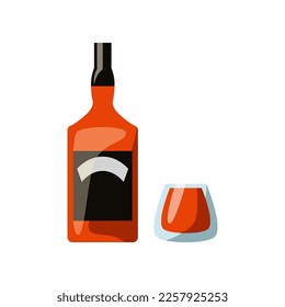 Whiskey in orange glass bottle vector illustration. Whiskey, alcohol drink. Icon of bar menu isolated on white background