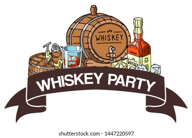 Whiskey party banner vector illustration. Glass with ice cubes and liquid, barrel with tap, bottle with label, cigar. Alcohol drink for restaurant, bar, cafe menu concept.