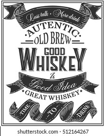 Whiskey Poster of alcohol with hand drawn lettering. Drawing for pub, bar menu, alcohol card, t-shirt print. Isolated of whiskey with lettering on chalkboard. Vector Illustration