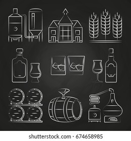 Whiskey process and icons on chalkboard. Distillery whiskey, vector illustration
