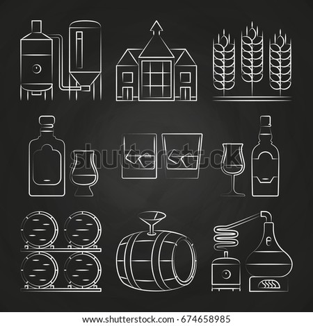 Whiskey process and icons on chalkboard. Distillery whiskey, vector illustration