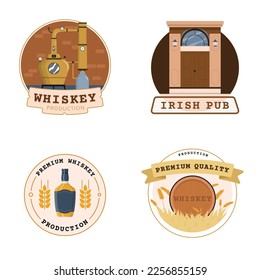 Whiskey production flat 2x2 set of isolated compositions with editable text on emblem badges and icons vector illustration
