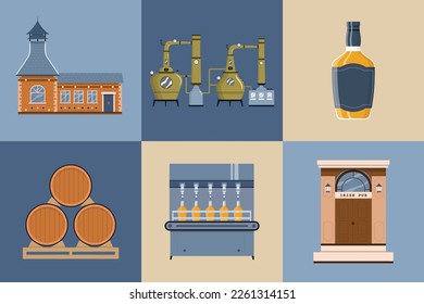 Whiskey production flat set with isolated compositions of vintage factory bulding tanks barrels and pub storefront vector illustration