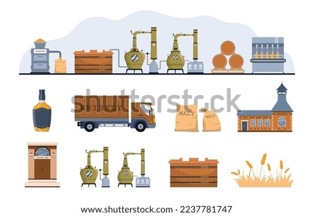 Whiskey production flat set of isolated icons with factory facilities field truck bottle and pub entrance vector illustration