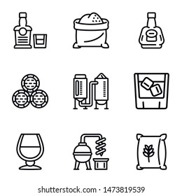 Whiskey production icon set. Outline set of 9 whiskey production vector icons for web design isolated on white background