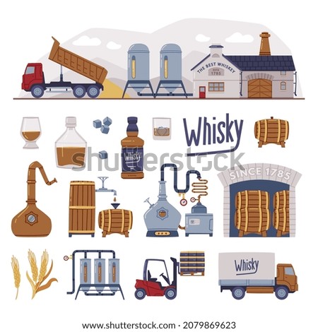 Whiskey Production Process with Distillation, Aging and Bottling Steps Vector Set