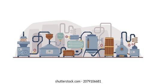 Whiskey Production Process with Distillation and Grinding Vector Illustration