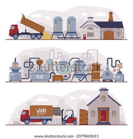 Whiskey Production Process with Distillation, Storage and Aging Steps Vector Set