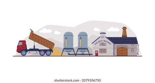 Whiskey Production Process with Factory, Lorry and Storage in Tank Vector Illustration