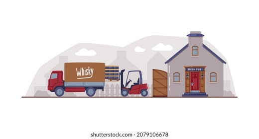 Whiskey Production Process Irish Pub and Delivery Truck Vector Illustration