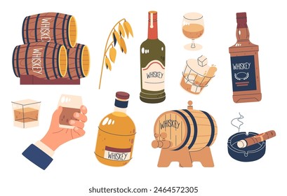 Juego de artículos relacionados con el whisky. Barriles, Botellas, Vaso En Mano, Cubos De Hielo Y Un Vaso De Whisky Lleno De Bebida, Vector