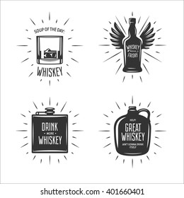 Whiskey related typography set. Quotes about whiskey. Drink more whiskey. Whiskey makes me frisky. Great whiskey ain't gonna drink itself. Vector vintage illustration.