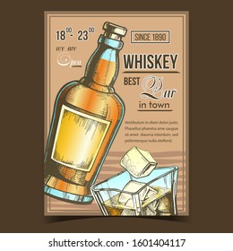 Whiskey Relaxation Bar Advertise Poster Vector. Vintage Whiskey Bottle With Blank Label Of Alcoholic Froth Irish Drink And Glass Cap With Liquid And Ice Cubes. Template Colorful Illustration
