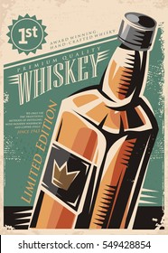 Whiskey retro vector poster design with whisky bottle on old paper background. Drink theme illustration.