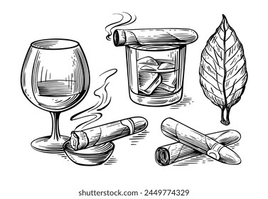 Whiskey or rum glass and smoking cigar sketch. Alcohol drink