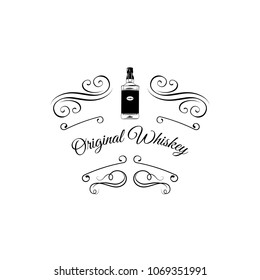 Whiskey Scotch Bottle Design. Decorative frame, scroll elements, swirls. Vector. Original whiskey inscription