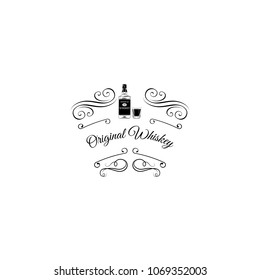 Whiskey Scotch bottle icon. Swirls, Scroll elements, ornate filigree border, frame. Vector illustration