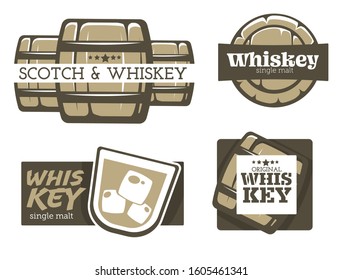 Whiskey and scotch factory isolated icons, factory and brewery