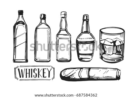 Whiskey set with bottles of bourbon, scotch, cigar and glass. Hand drawn illustration converted to vector. Isolated on white background.