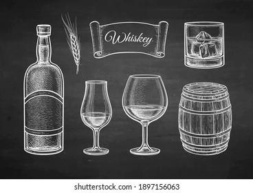 Whiskey set. Chalk sketch on blackboard background. Hand drawn vector illustration. Retro style.