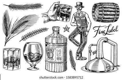 Whiskey Set. Glass Bottle, Wooden Barrel, Scotch And Bourbon, Wheat And Rye, Victorian Man, Cheers Toast. Vintage American Symbols. Strong Alcohol Drink. Hand Drawn Engraved Sketch For Poster, Badge. 