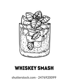 Whiskey smash cocktail illustration. Hand drawn sketch. Vector illustration. Isolated object. Not AI