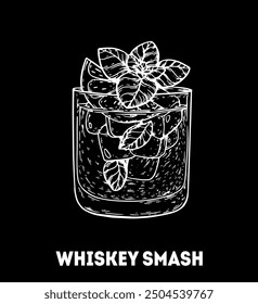 Whiskey smash cocktail illustration. Hand drawn sketch. Vector illustration. Isolated object.