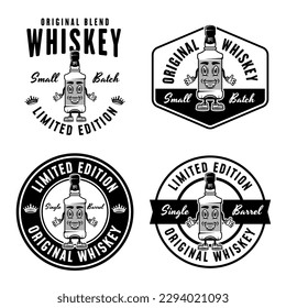 Whiskey smiling bottle set of vector monochrome emblems, badges, labels or logos isolated on white background
