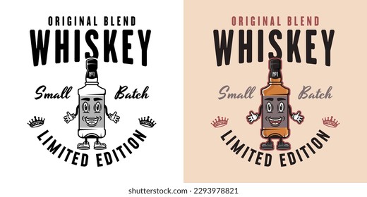 Whiskey smiling bottle vector emblem, badge, label or logo. Two styles monochrome and colored with removable textures