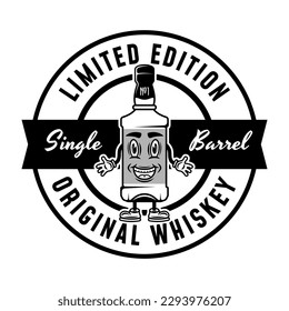 Whiskey smiling bottle vector monochrome emblem, badge, label or logo isolated on white background