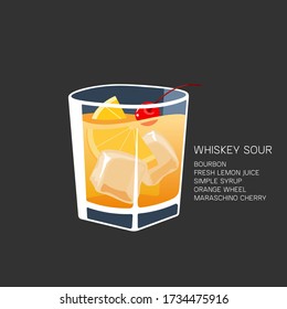 Whiskey sour club alcohol shot popular alcoholic cocktail vector illustration