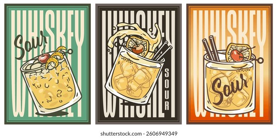 Whiskey sour cocktail glass on retro, retro, vintage poster with ice and slice of olemon for design of surfing, tiki or beach bar menu. Negroni alcohol cocktail set for drink party, summer vibes