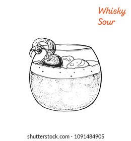 Whiskey sour cocktail illustration. Alcoholic cocktails hand drawn vector illustration. Sketch style. 