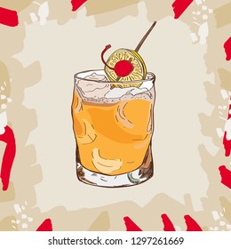 Whiskey Sour Cocktail Illustration. Alcoholic Bar Drink Hand Drawn Vector. Pop Art