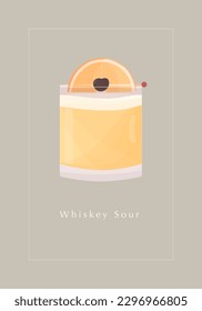 Whiskey sour cocktail with slice of orange and cherry. Vector illustration.