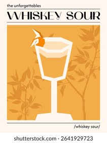 Whiskey Sour cocktail. Vector illustration of modern alcoholic drink. Poster with trendy cocktail decorated with orange peel. Contemporary poster for bar, restaurants and menu.