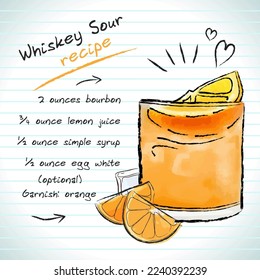 Whiskey Sour cocktail, vector sketch hand drawn illustration, fresh summer alcoholic drink with recipe and fruits	
