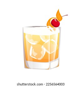 Whiskey sour decorated with cherry, orange peel .Classic bar cocktail.Vector illustration.