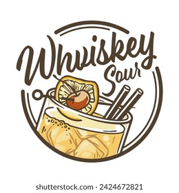 Whiskey sour or old fashioned cocktail with ice, cherry and splash for design of bar menu. American alcohol cocktail with whisky and bourbon for drink party. Tee print.