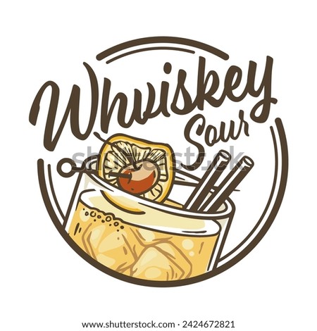 Whiskey sour or old fashioned cocktail with ice, cherry and splash for design of bar menu. American alcohol cocktail with whisky and bourbon for drink party. Tee print.