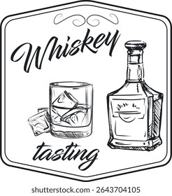 Whiskey tasting, hand drawn sketch style, strong alcohol, drink. Vector design poster for pub, whiskey with ice in glass, bottle, drink party, restaurant menu