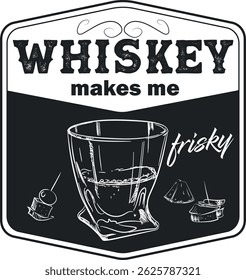 Whiskey tasting, pub banner, drink party. Hand drawn glass scotch with ice, brandy, drink and snack lemon, alcohol