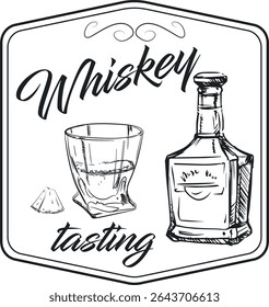 Whiskey tasting, pub poster, restaurant sign, alcohol menu, whiskey bottle, glass. Hand drawn vector illustration in retro style, sketch line art, strong alcohol, party, drinking