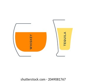 Whiskey and tequila glass in minimalist linear style. Contour of glassware on left side in form of fine black line. Drink is depicted in form of shape with colored fill. Isolated image on white.
